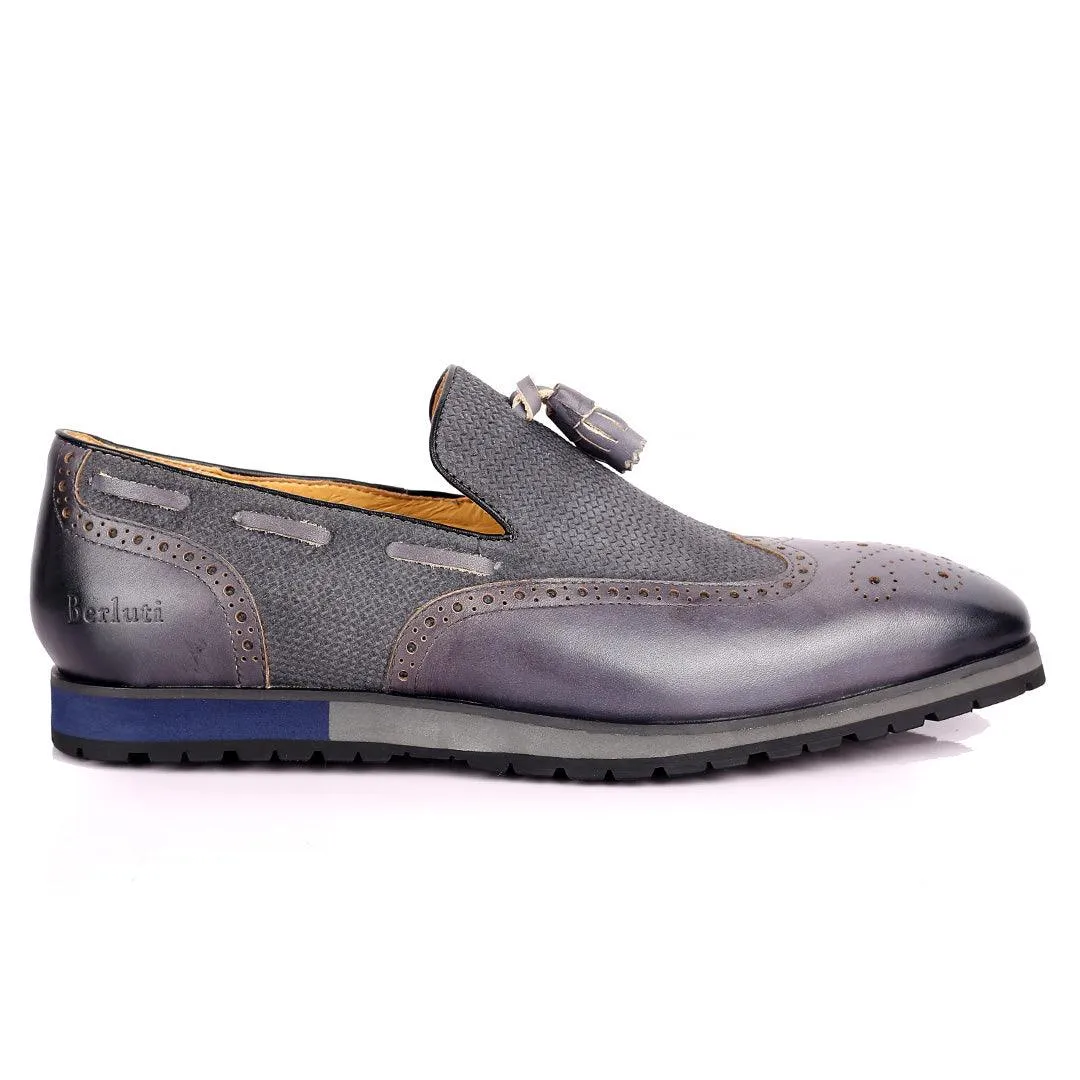 Berlut Brogue And Tassel Designed Grey Leather Shoe