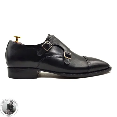 Buy Goodyear Welted Black Leather Shoes, Double Monk Strap Toe Cap Fashion Shoe