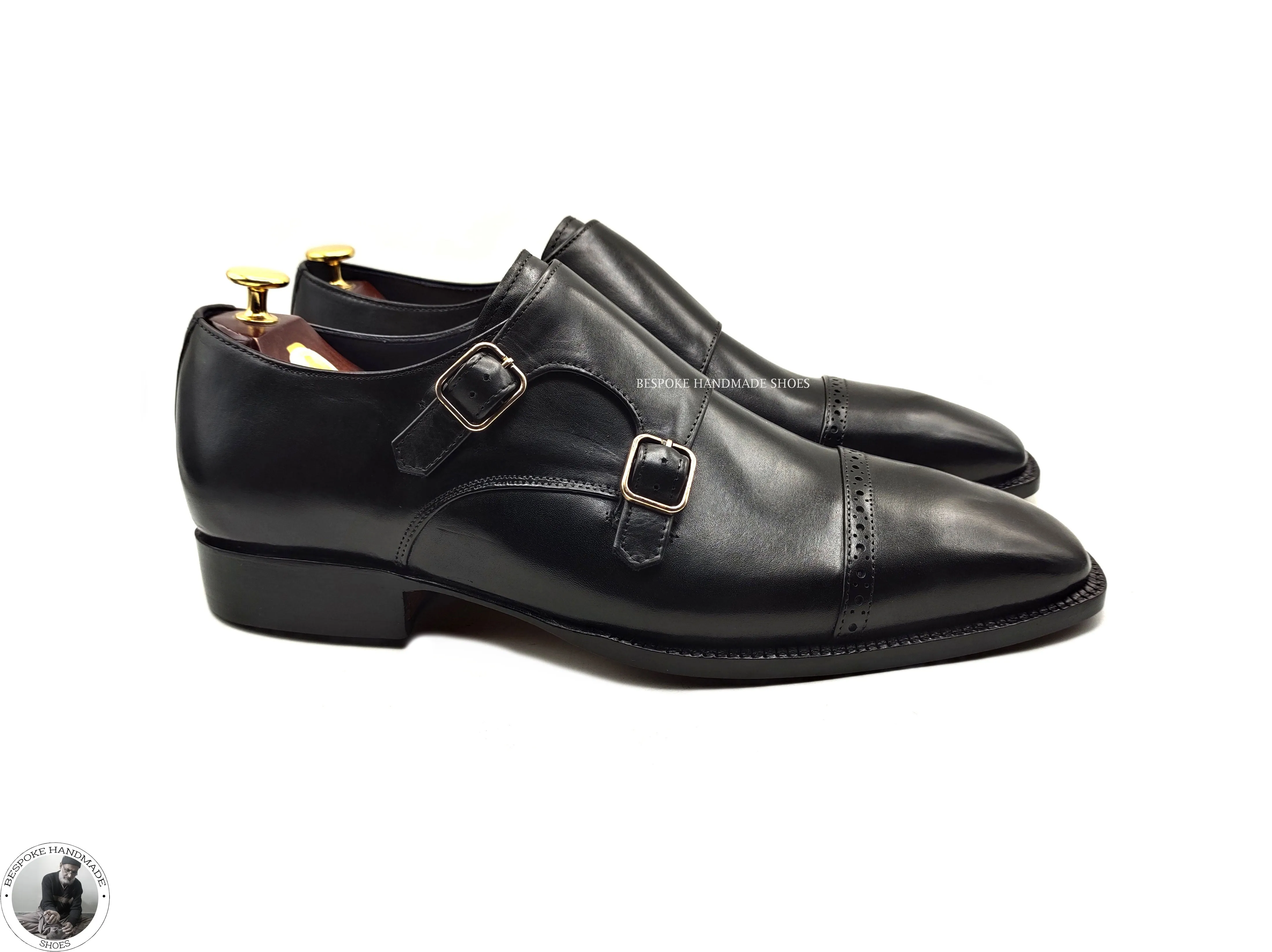 Buy Goodyear Welted Black Leather Shoes, Double Monk Strap Toe Cap Fashion Shoe