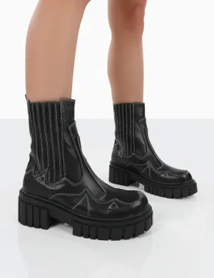 Consequence Black Drench Stitched Detail Platform Chunky Sole Ankle Boots