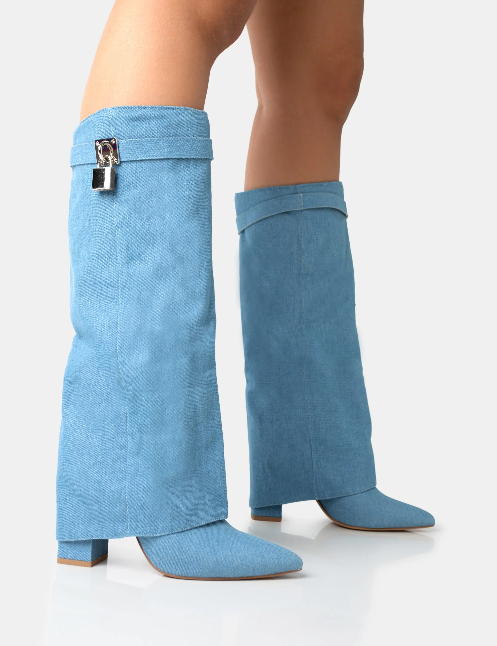 Echo Blue Denim Padlock Detail Fold Over Pointed Toe Knee High Boots