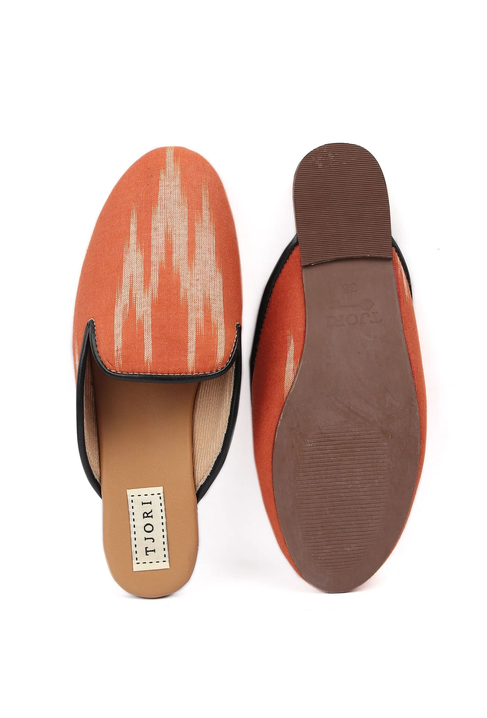 Fire Orange & Tawny Brown Ikat flat Cruelty Free Leather Mules