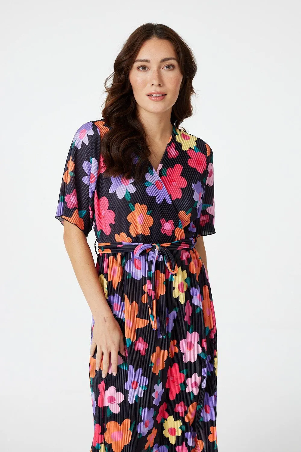 Floral Long Sleeve Pleated Dress