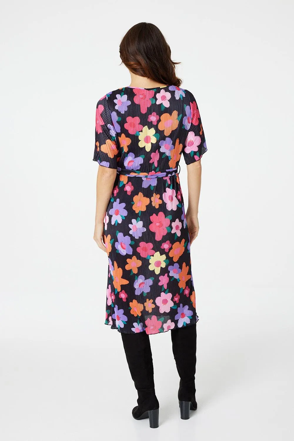 Floral Long Sleeve Pleated Dress