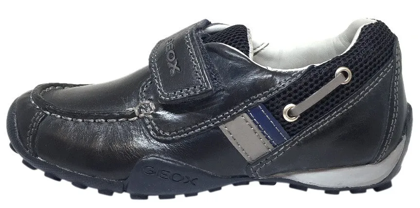 Geox Respira Boy's J Snake Moc Navy Light Grey Leather Hook and Loop Strap Moc Sneaker Boat Shoe