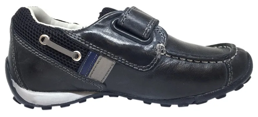 Geox Respira Boy's J Snake Moc Navy Light Grey Leather Hook and Loop Strap Moc Sneaker Boat Shoe