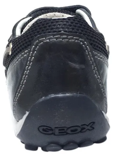 Geox Respira Boy's J Snake Moc Navy Light Grey Leather Hook and Loop Strap Moc Sneaker Boat Shoe