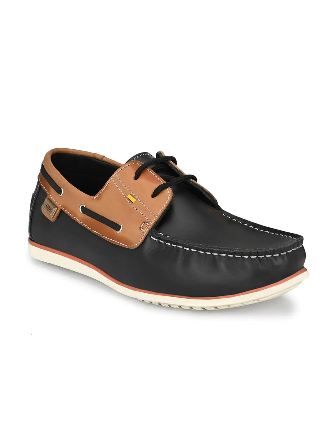 Hitz Men's Black Leather Lace-up Boat Shoes