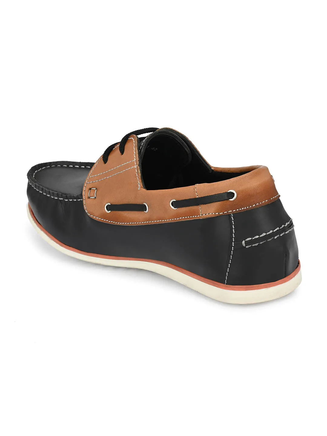 Hitz Men's Black Leather Lace-up Boat Shoes