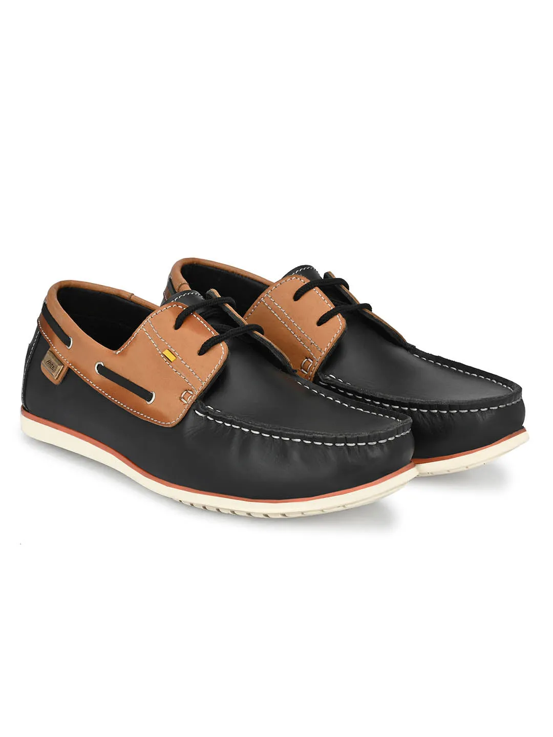 Hitz Men's Black Leather Lace-up Boat Shoes