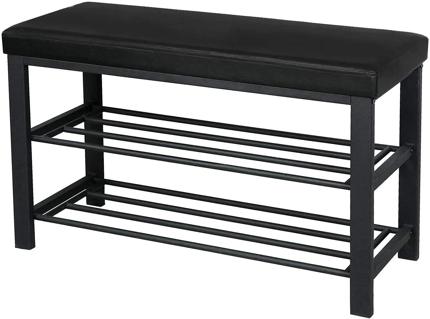 INDIAN DECOR. 45426 Entryway Shoe Rack with Cushioned Seat, 2 Shelves Storage Bench w/Faux Leather Top Bed Bench, Black - Made in India!