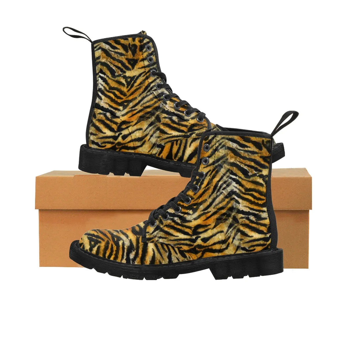 Orange Tiger Striped Men's Boots, Animal Print Designer Hiking Boots Shoes For Men