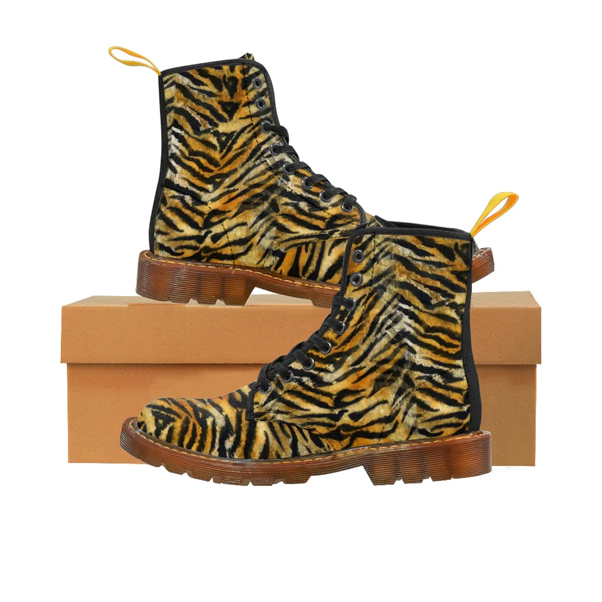 Orange Tiger Striped Men's Boots, Animal Print Designer Hiking Boots Shoes For Men