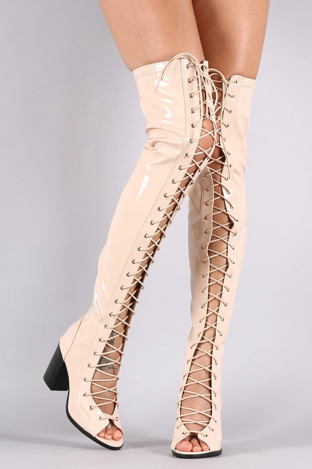 Patent Lace Up Chunky Heeled Over-The-Knee Boots