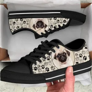 Pug Dog Pattern Brown Canvas Low Top Shoes - Low Top Shoes Mens, Women, Dog Printed Shoes, Canvas Shoes For Men, Women