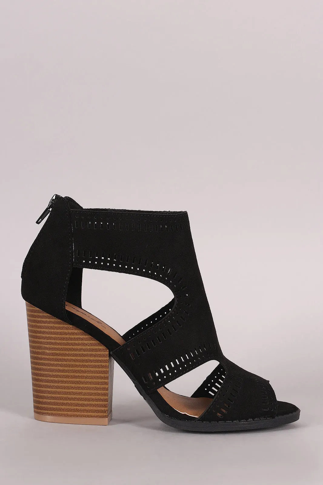 Qupid Perforated Cutout Suede Chunky Heel