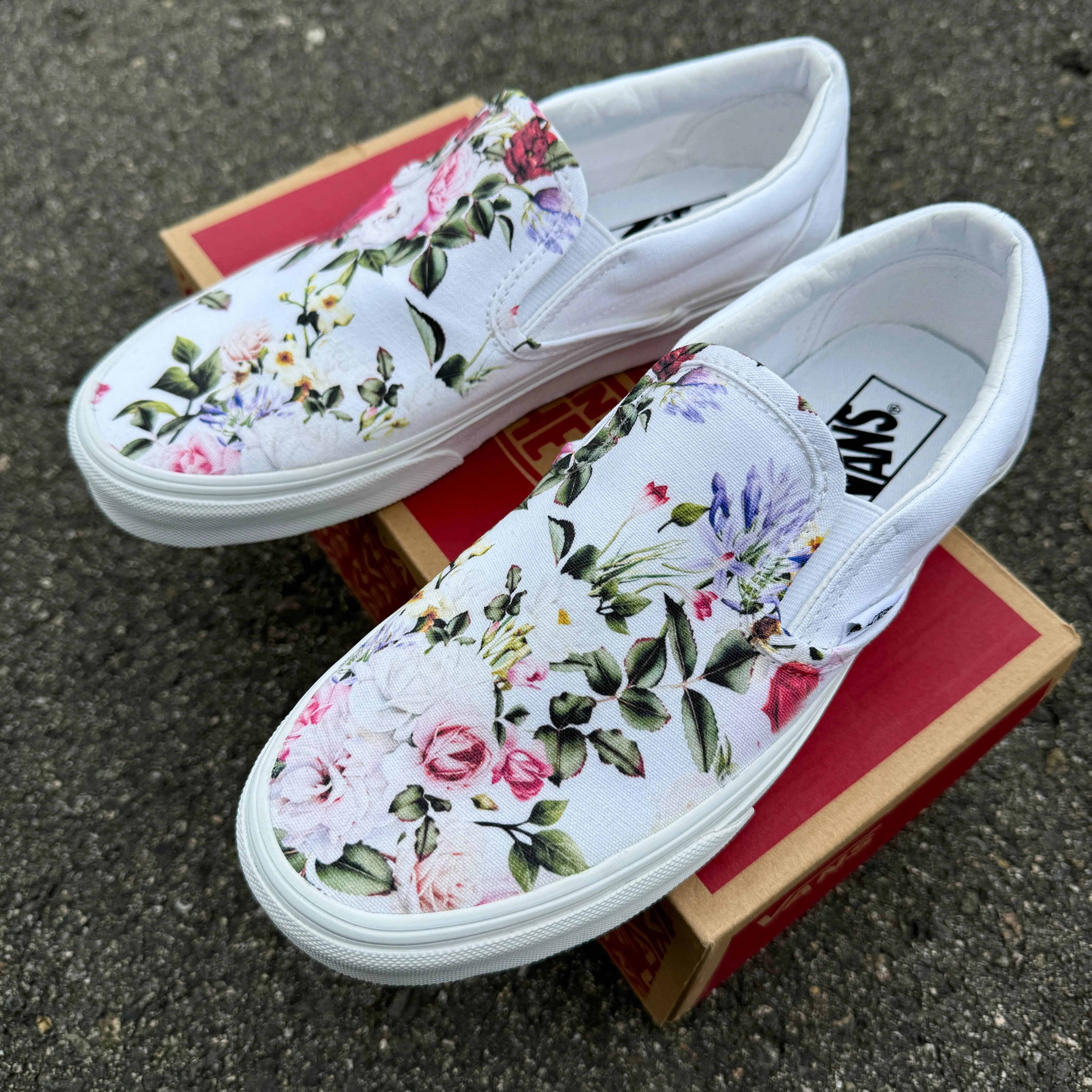 Red, Pink, and White Rose Floral Custom Shoes - Custom White Slip On Shoes for Custom Wedding, Bride, Maid of Honor, Bridesmaids, Flower Girl