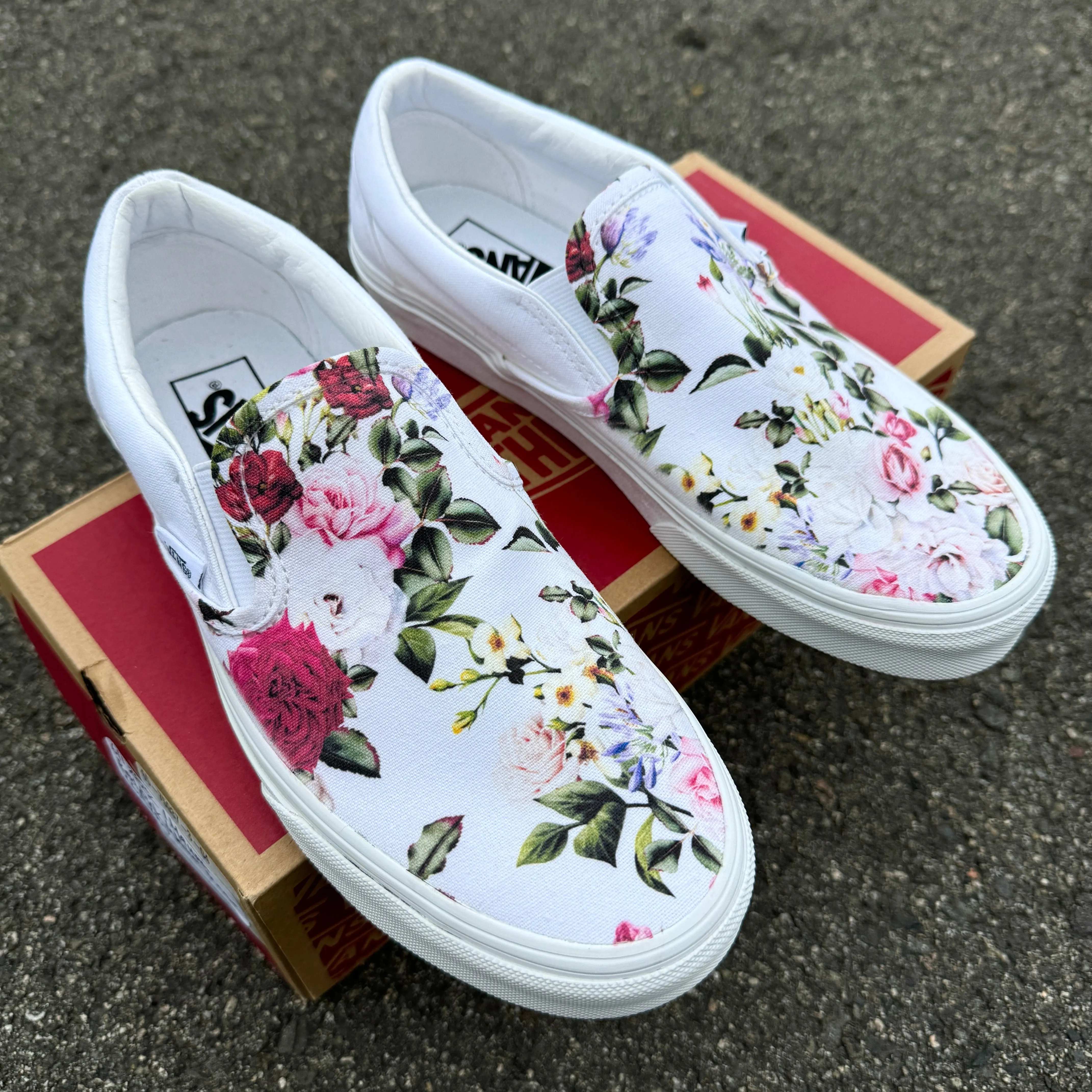 Red, Pink, and White Rose Floral Custom Shoes - Custom White Slip On Shoes for Custom Wedding, Bride, Maid of Honor, Bridesmaids, Flower Girl