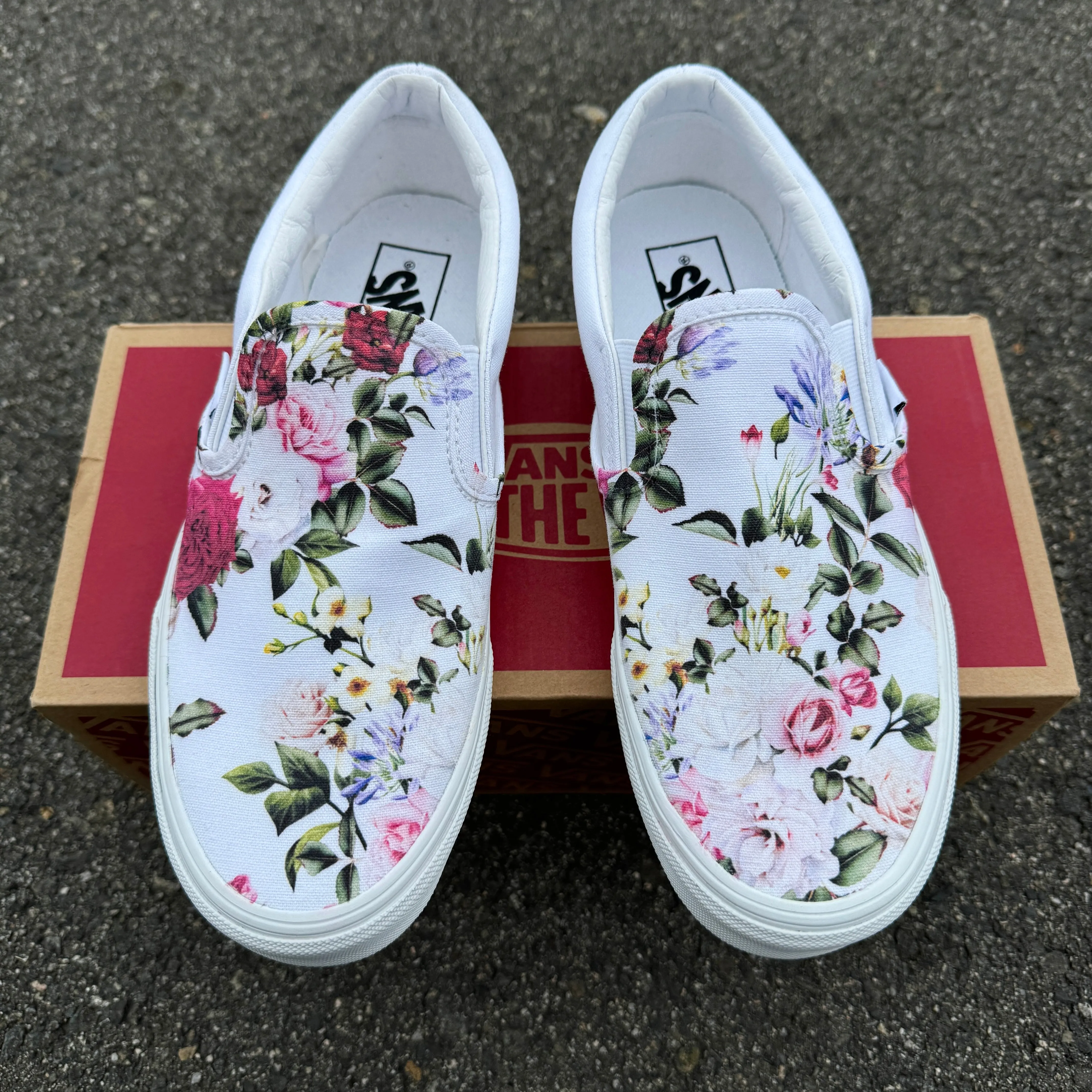 Red, Pink, and White Rose Floral Custom Shoes - Custom White Slip On Shoes for Custom Wedding, Bride, Maid of Honor, Bridesmaids, Flower Girl