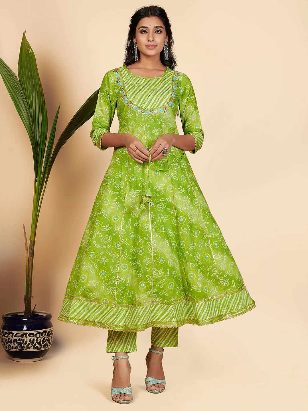 Women'S Bandhani Print & Embroidered Anarkali Cotton Parrot Green Stitched Kurta Pant With Dupatta