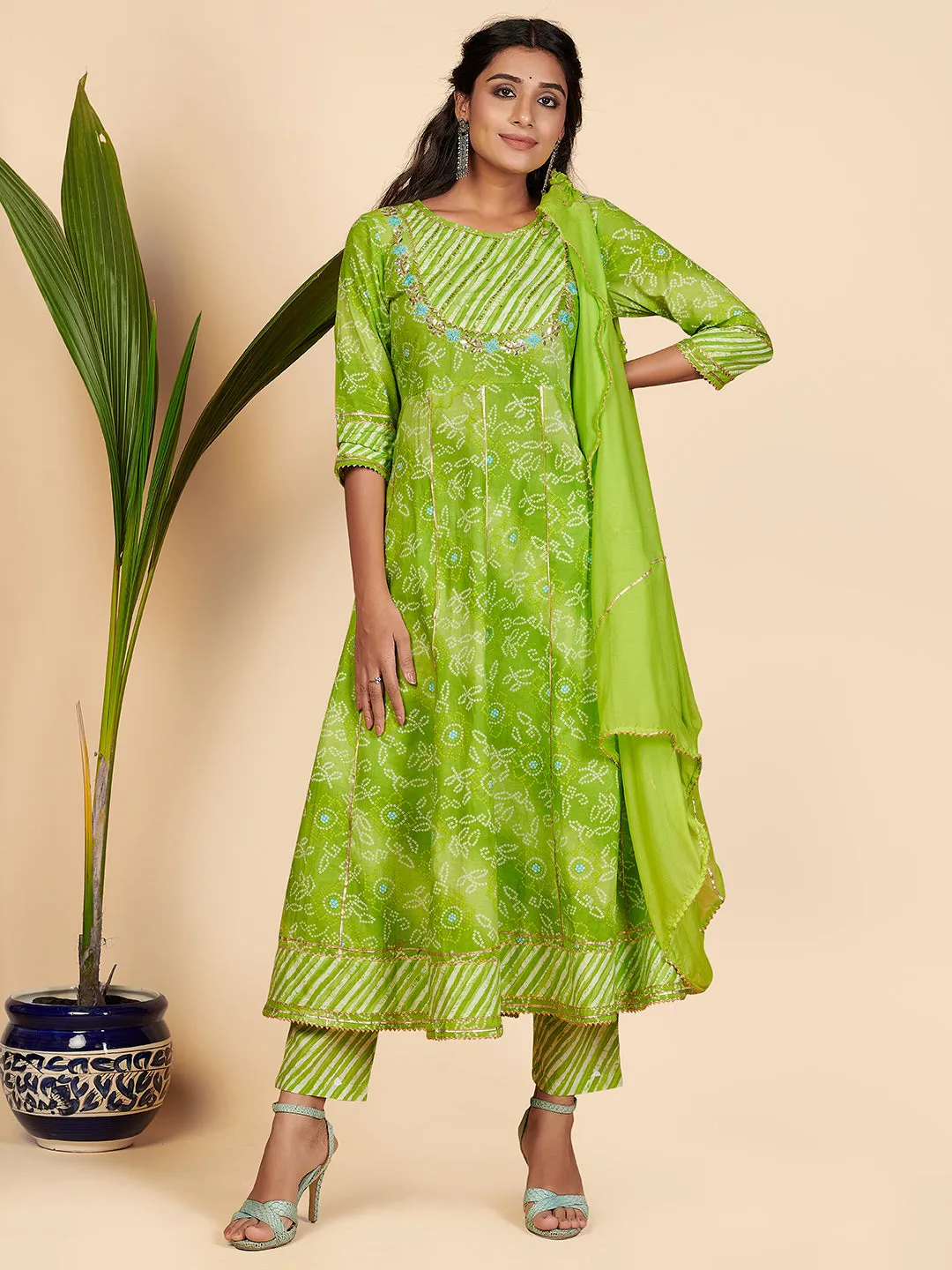 Women'S Bandhani Print & Embroidered Anarkali Cotton Parrot Green Stitched Kurta Pant With Dupatta