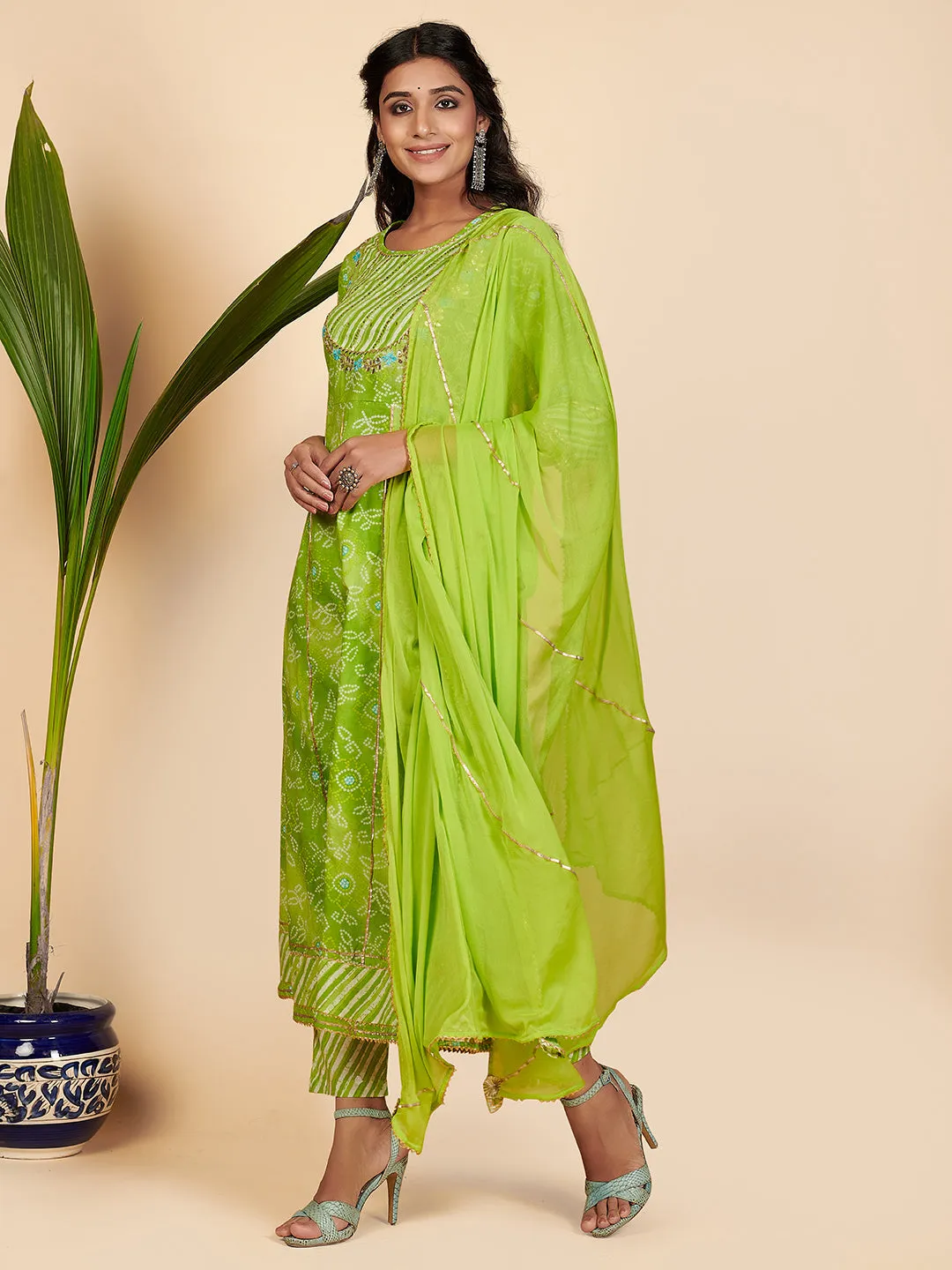 Women'S Bandhani Print & Embroidered Anarkali Cotton Parrot Green Stitched Kurta Pant With Dupatta