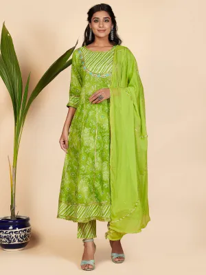 Women'S Bandhani Print & Embroidered Anarkali Cotton Parrot Green Stitched Kurta Pant With Dupatta