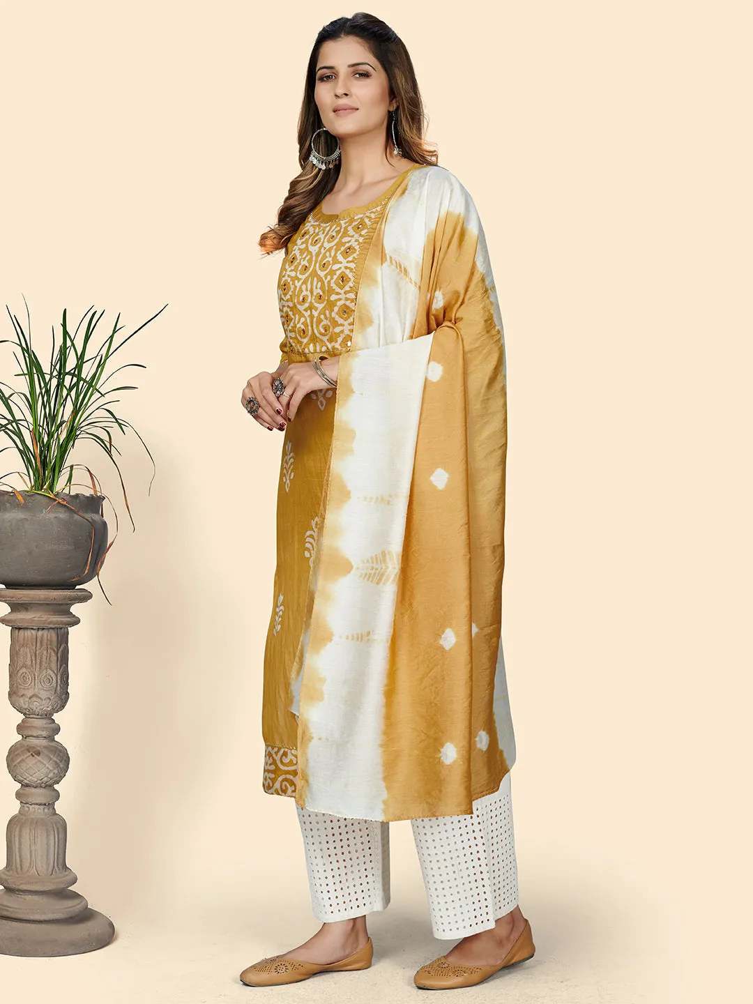 Women'S Batik Print Straight Chanderi Yellow Stitched Kurta With Dupatta