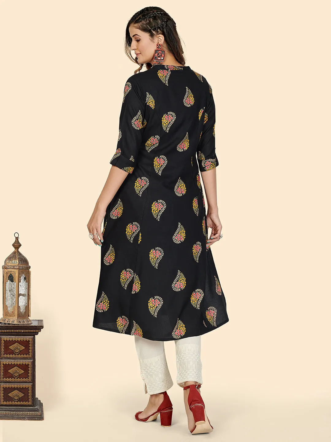 Women'S Block Print A-Line Rayon Black Stitched Kurta