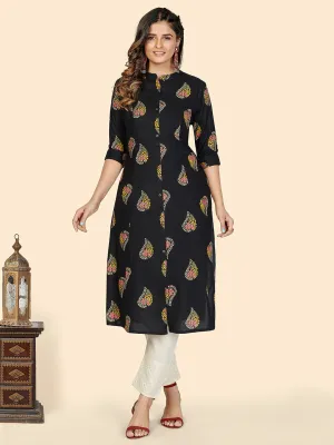 Women'S Block Print A-Line Rayon Black Stitched Kurta