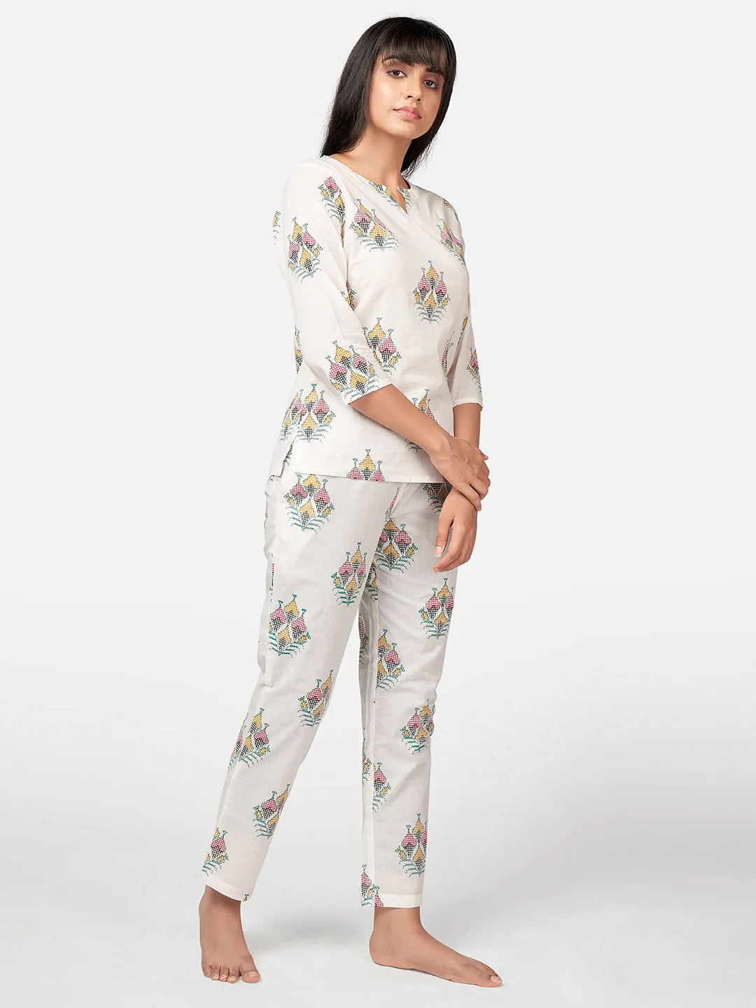 Women'S Block Print  Cotton White Night Suit Set