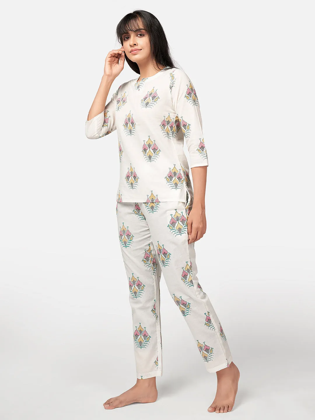 Women'S Block Print  Cotton White Night Suit Set