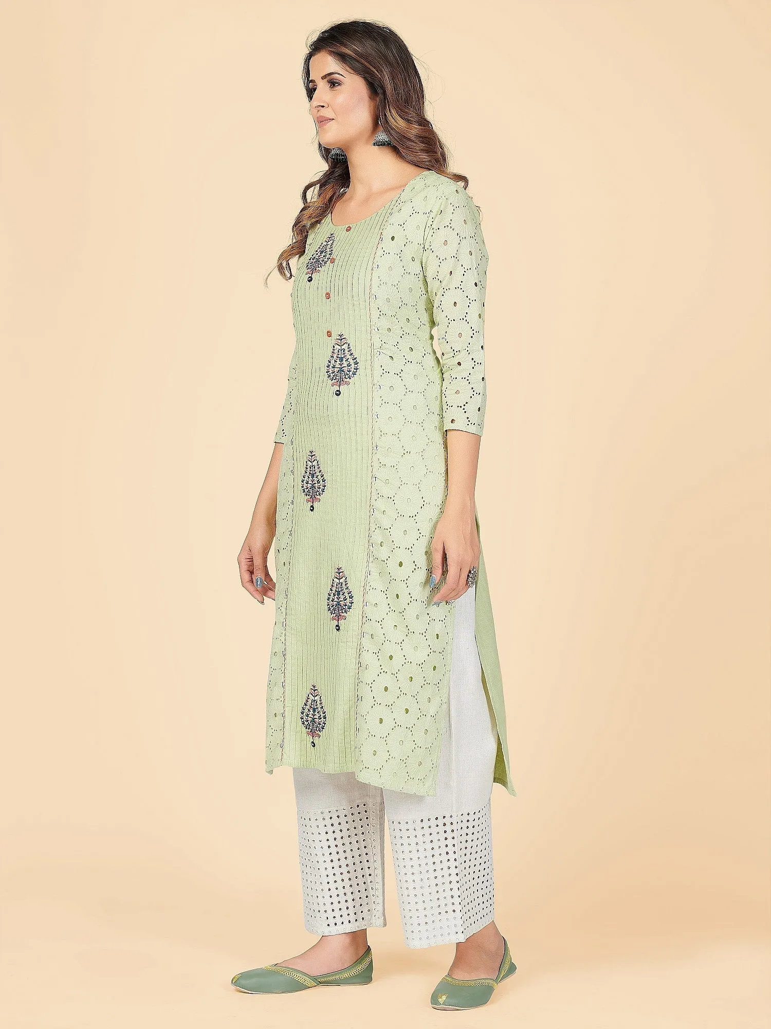 Women'S Chikankari & Embroidered Straight Cotton Pista Stitched Kurta