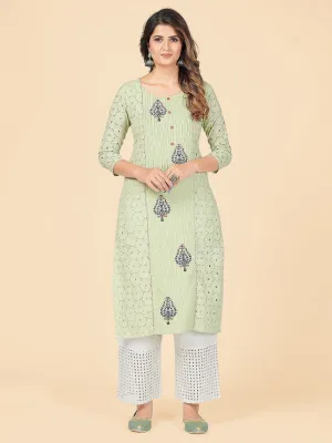 Women'S Chikankari & Embroidered Straight Cotton Pista Stitched Kurta