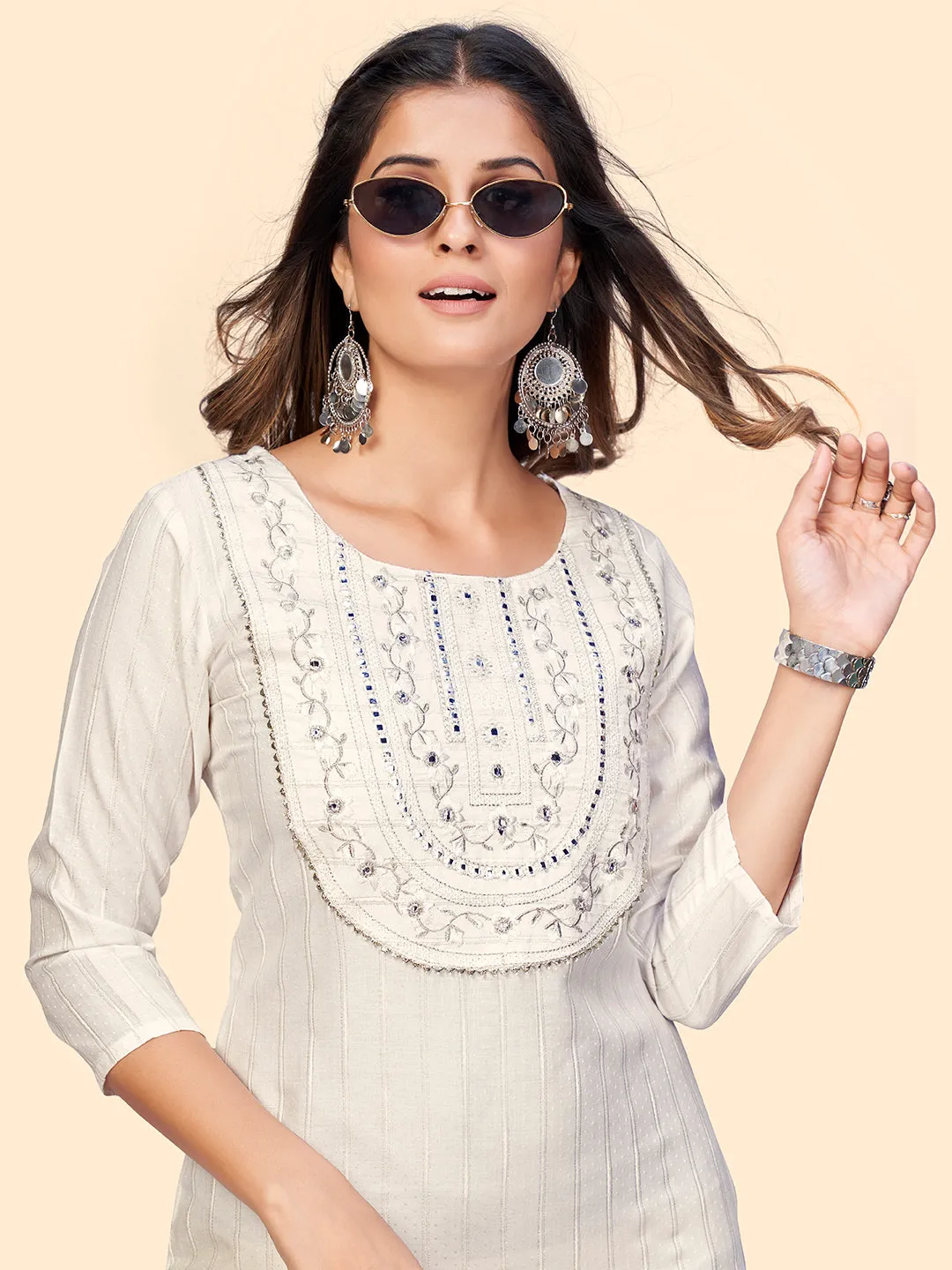 Women'S Embroidered & Mirror Straight Fancy Rayon White Stitched Kurta