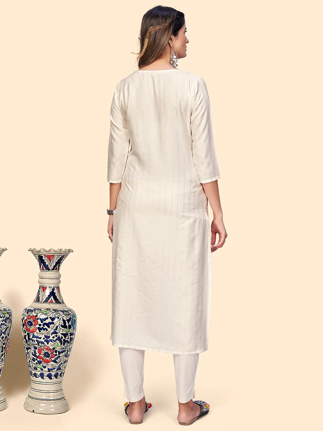 Women'S Embroidered & Mirror Straight Fancy Rayon White Stitched Kurta