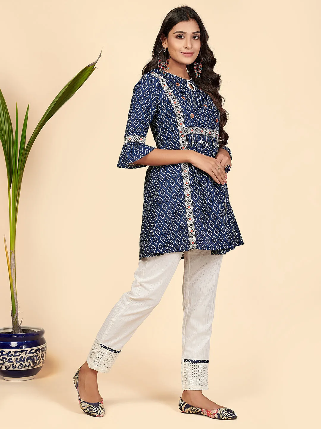 Women'S Embroidered & Mirror Work Flared Cotton Blue Stitched Top With Pant