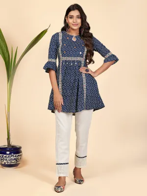 Women'S Embroidered & Mirror Work Flared Cotton Blue Stitched Top With Pant