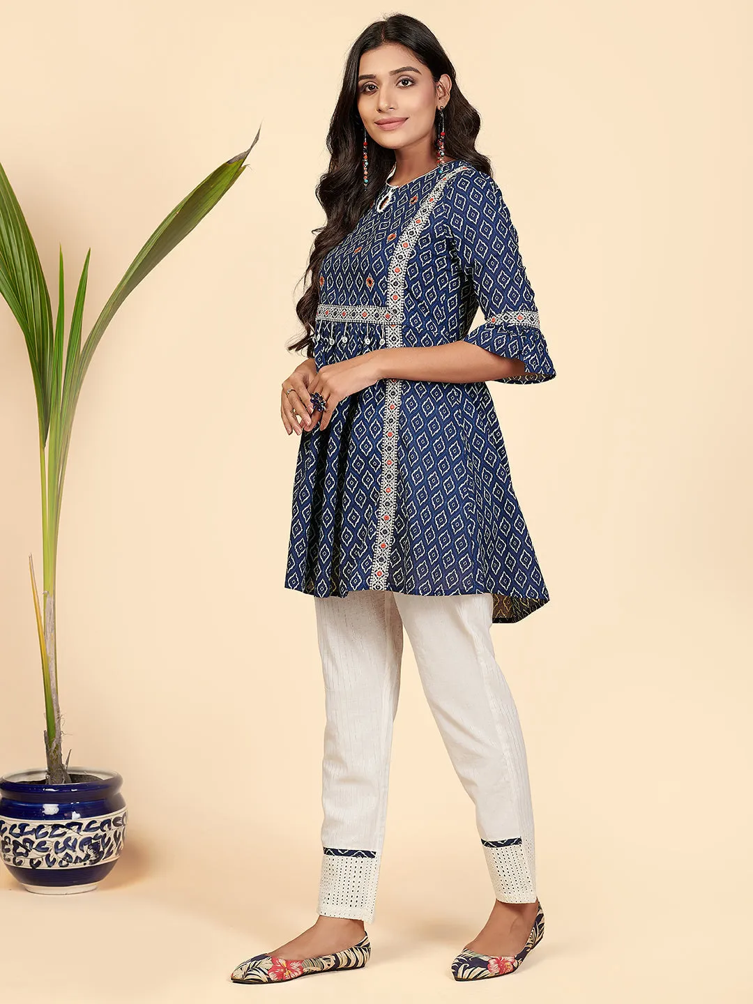 Women'S Embroidered & Mirror Work Flared Cotton Blue Stitched Top With Pant