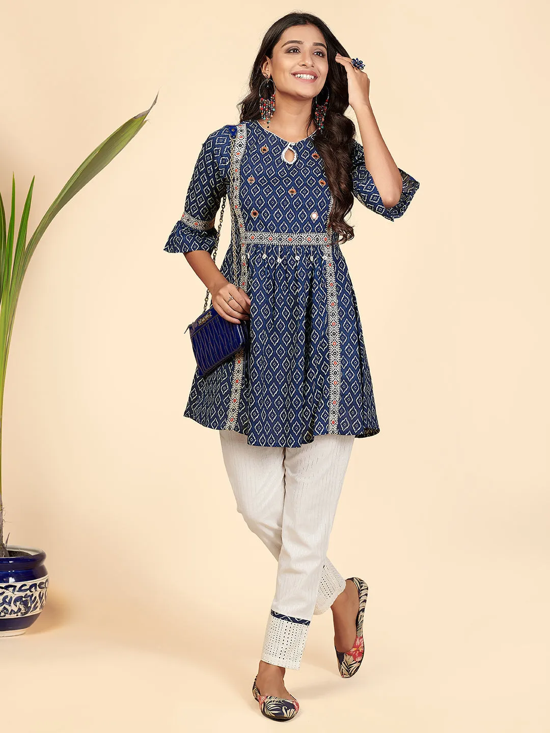 Women'S Embroidered & Mirror Work Flared Cotton Blue Stitched Top With Pant