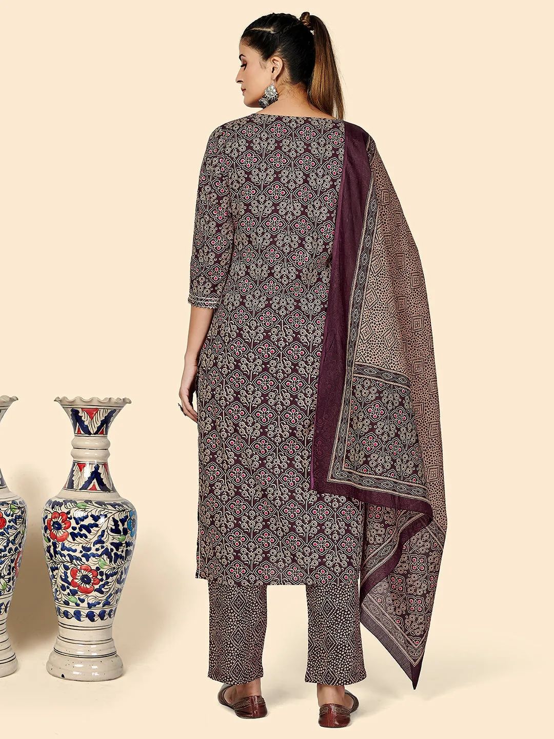 Women'S Embroidered & Sequience Work Straight Cotton Purple Stitched Kurta Pant With Dupatta