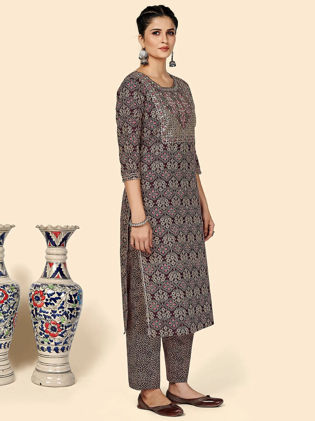 Women'S Embroidered & Sequience Work Straight Cotton Purple Stitched Kurta Pant With Dupatta