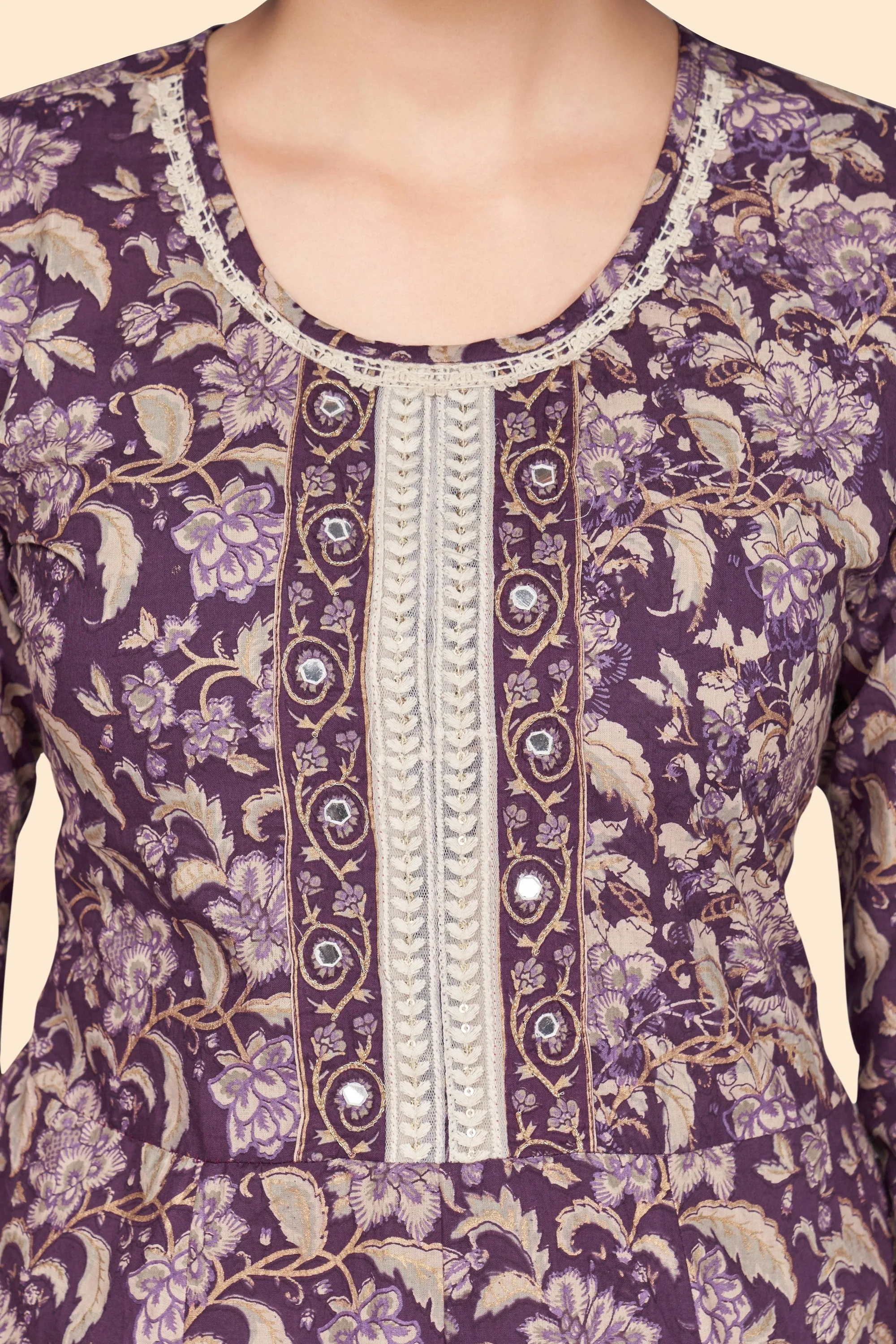 Women'S Floral Print A-Line Cotton Purple Stitched Kurta