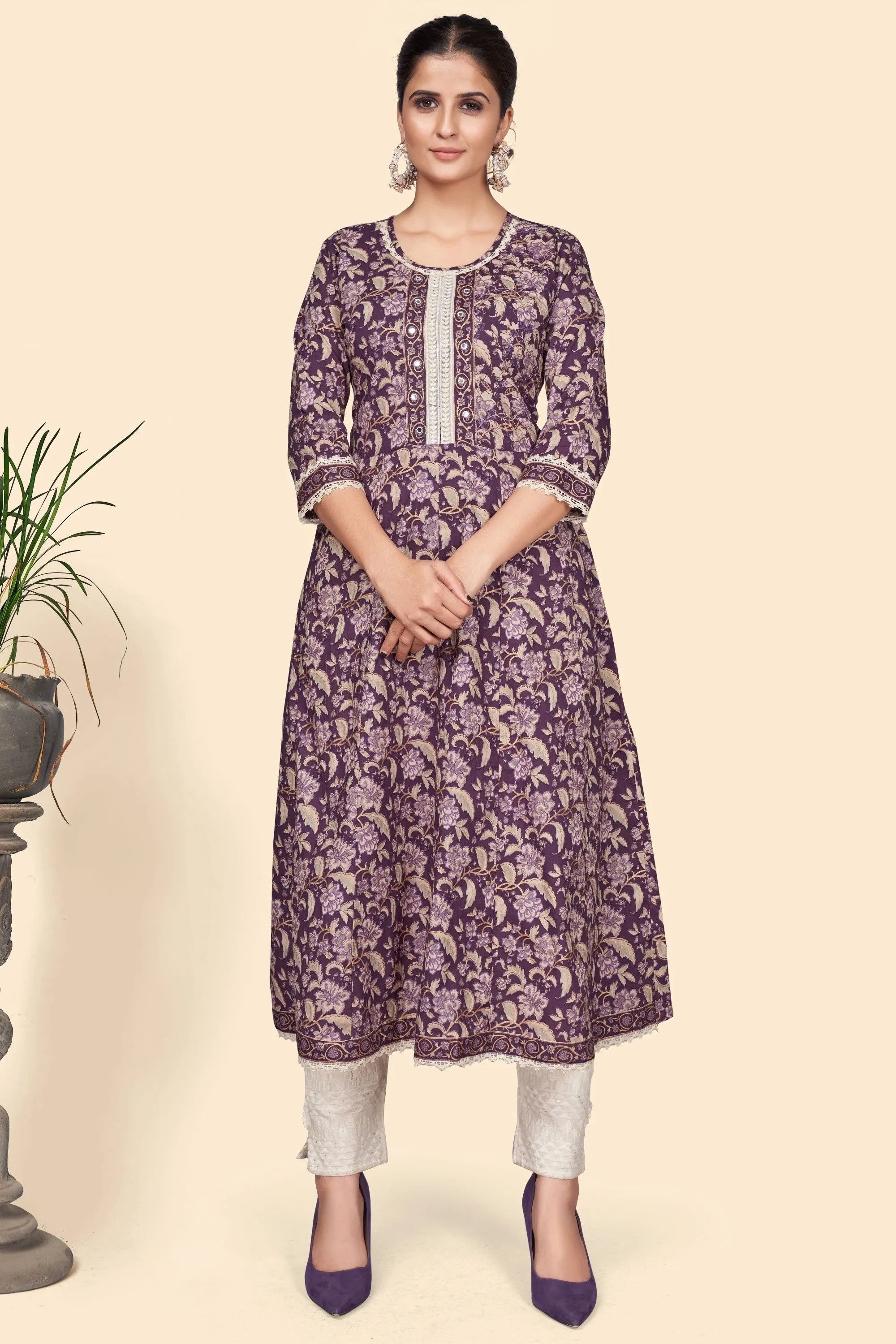 Women'S Floral Print A-Line Cotton Purple Stitched Kurta