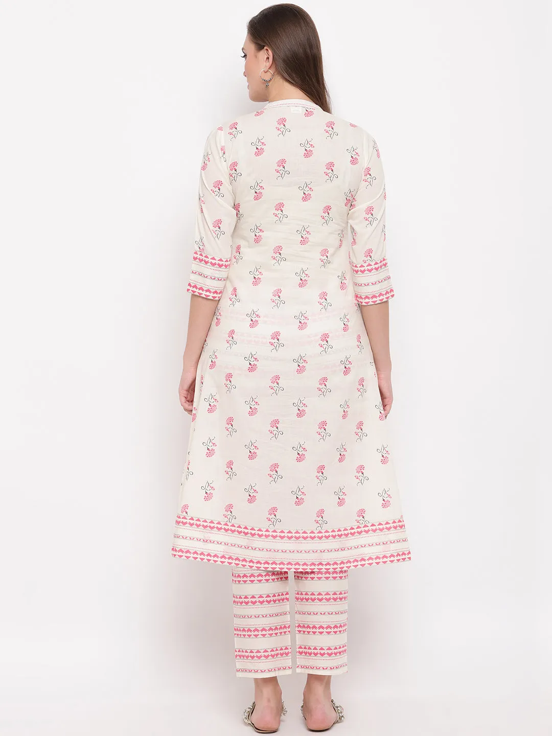 Women'S Floral Print & Embroidered A-Line Cotton White Kurti