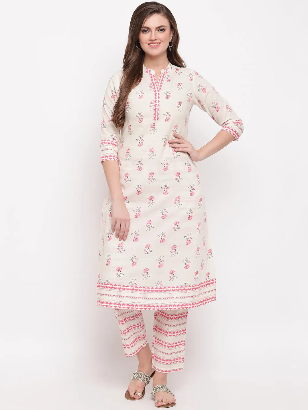 Women'S Floral Print & Embroidered A-Line Cotton White Kurti