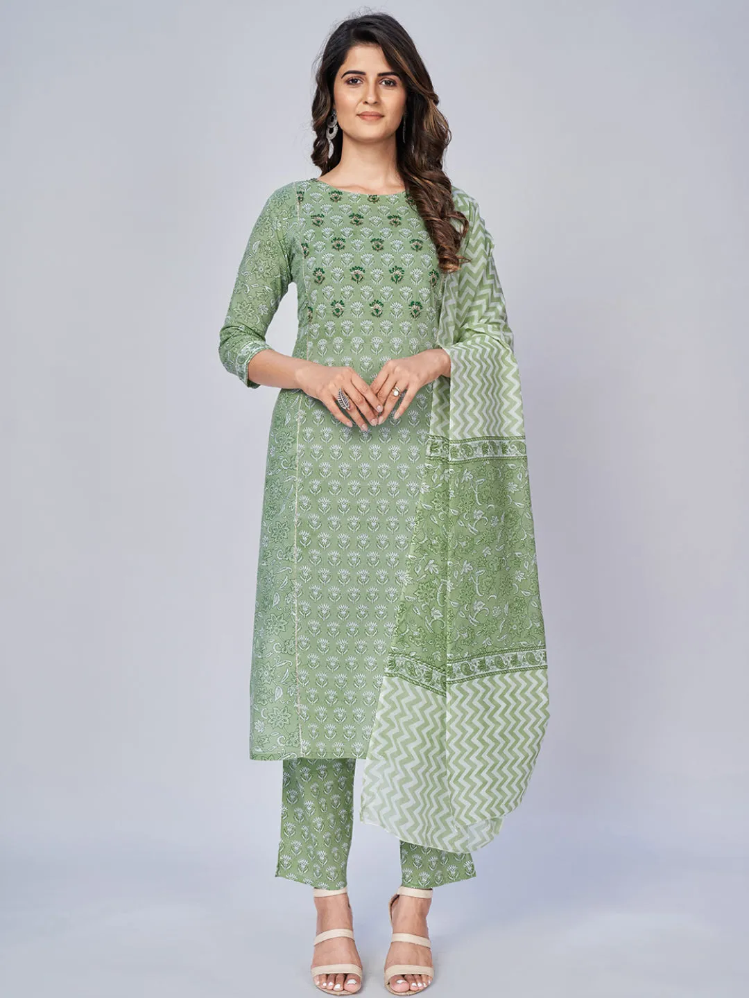 Women'S Floral Print & Sequience Work Straight Cotton Pista Kurta Pant With Dupatta