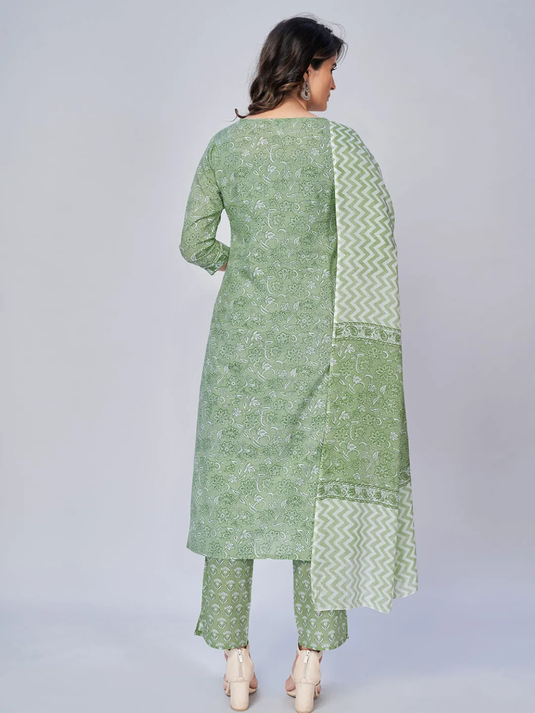 Women'S Floral Print & Sequience Work Straight Cotton Pista Kurta Pant With Dupatta