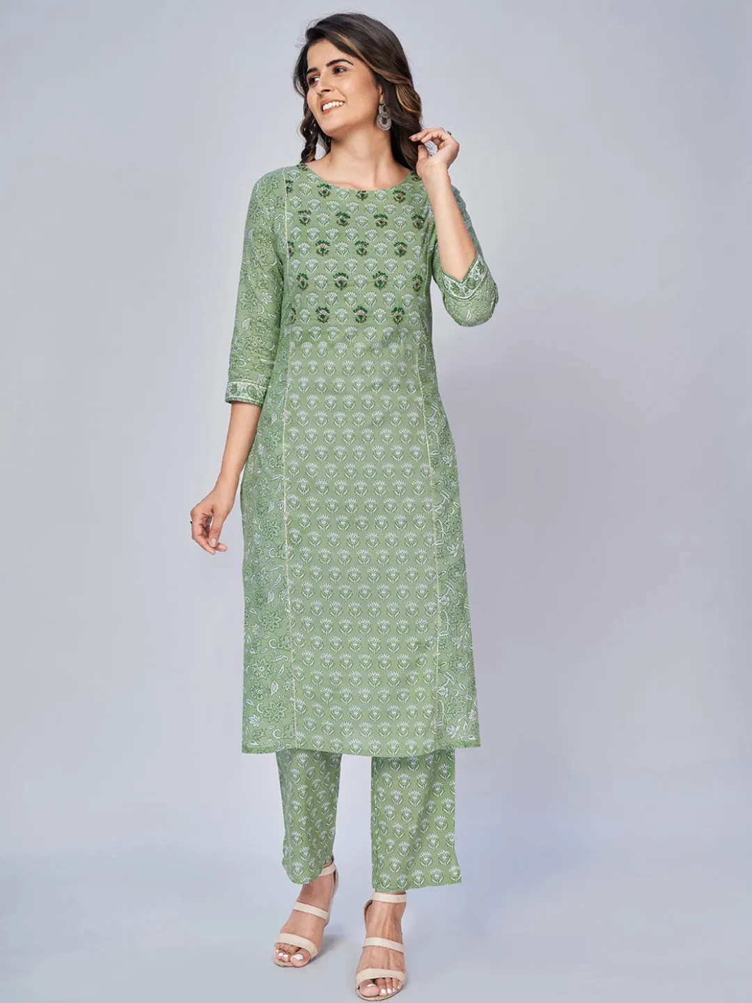 Women'S Floral Print & Sequience Work Straight Cotton Pista Kurta Pant With Dupatta