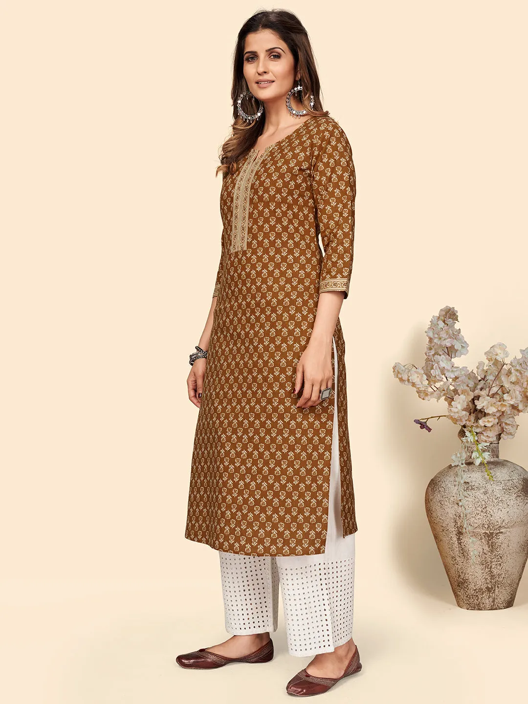 Women'S Floral Print Straight Cotton Orange Stitched Kurta